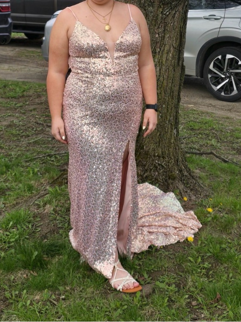 2 Cute Rose Gold Sequin V-Neck Spaghetti Strap Prom Gown